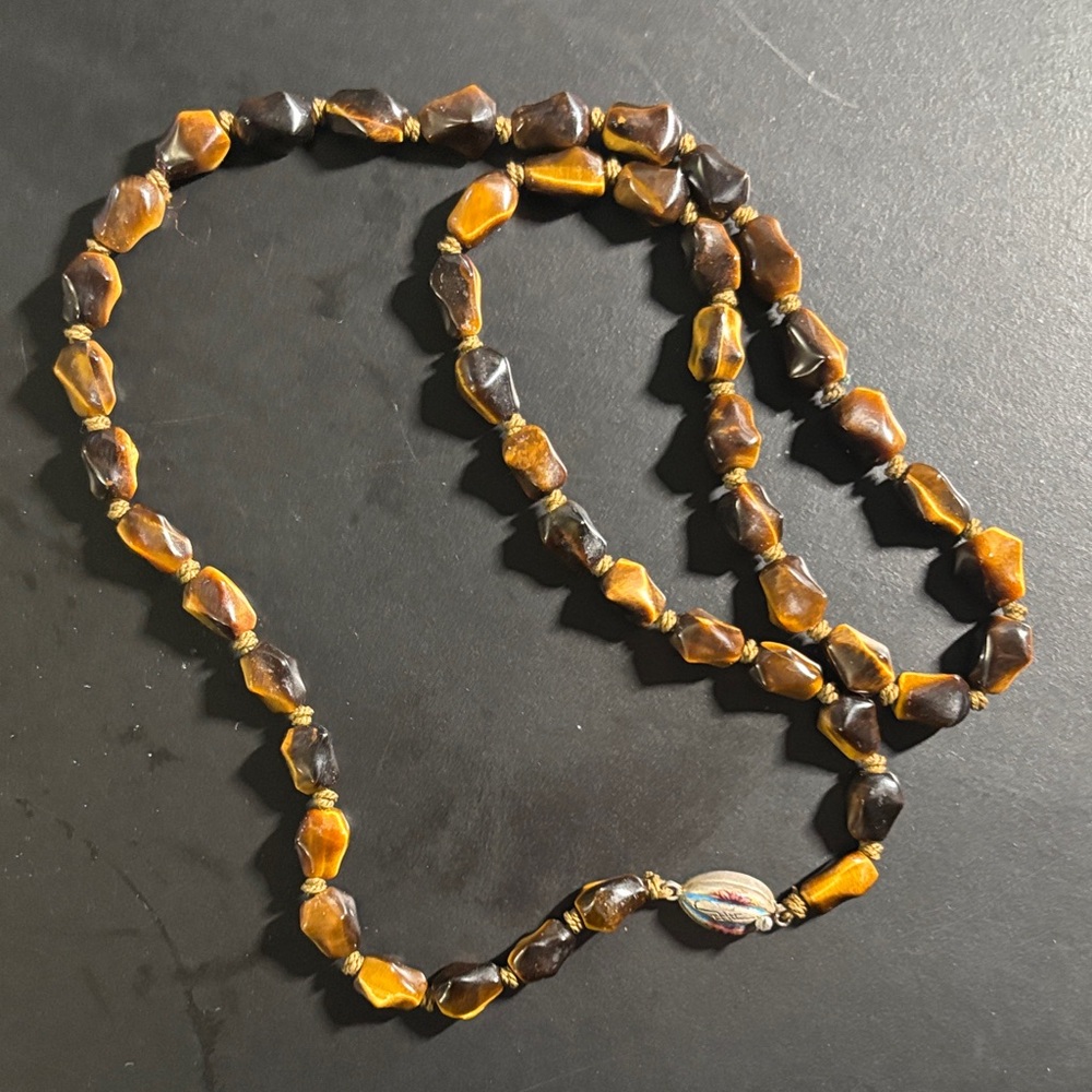 Hand Knotted Tiger’s Eye Beaded Necklace with Sterling Silver Clasp